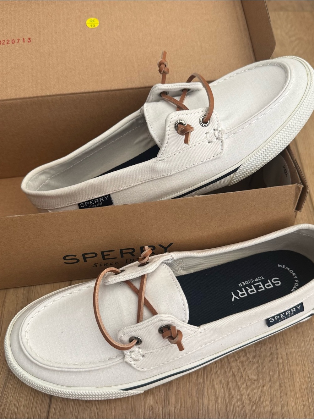 Sperry Womens White Canvas Boat Shoes with Tan Laces